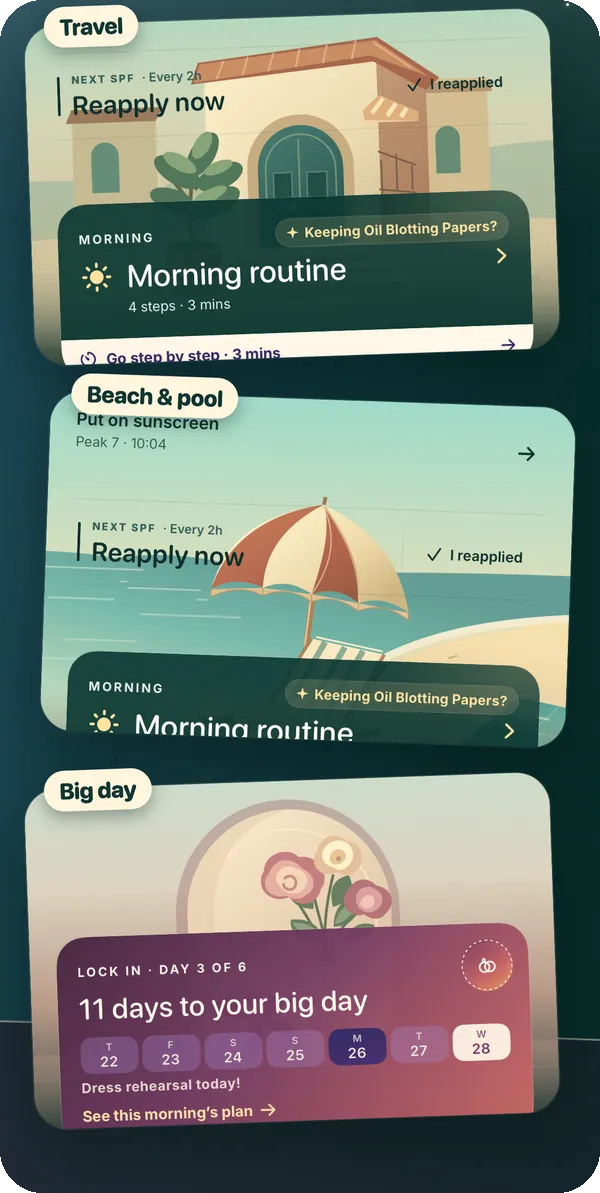Nubia’s Travel, Beach & pool and big day screens, with a countdown to the big day