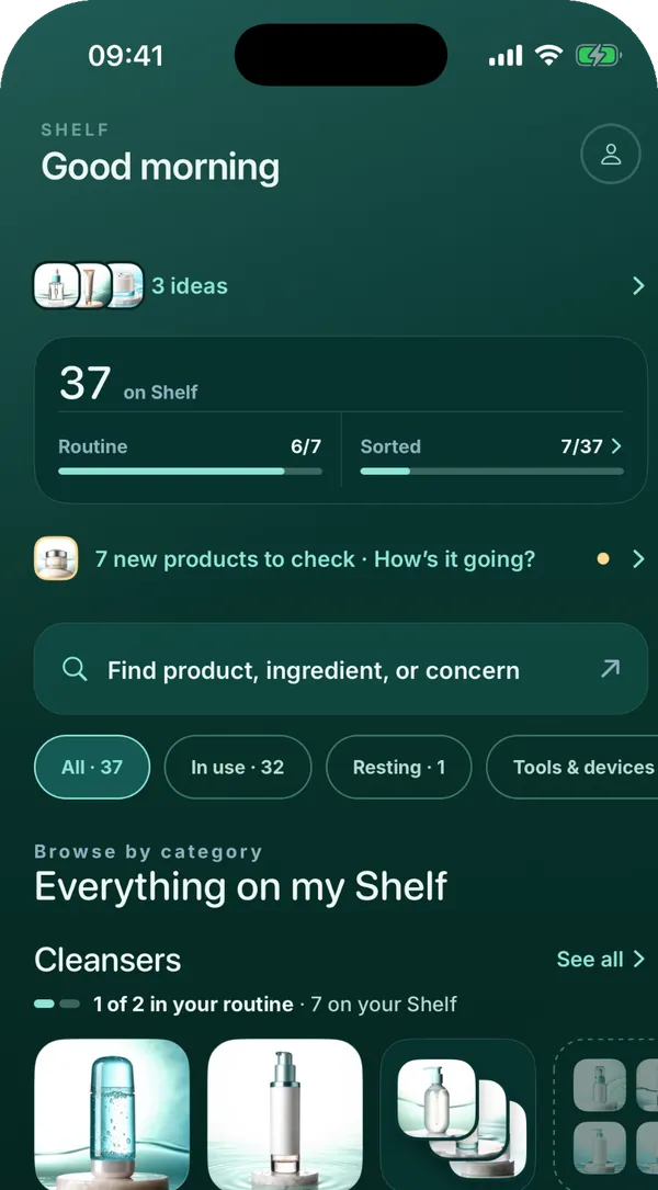 Nubia’s Shelf with products grouped by category and how many are in your routine