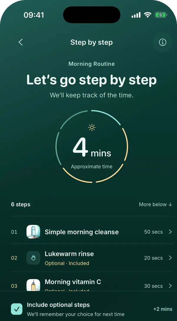 Nubia’s Step by step screen for the morning routine, with a 4 minute timer and the first steps